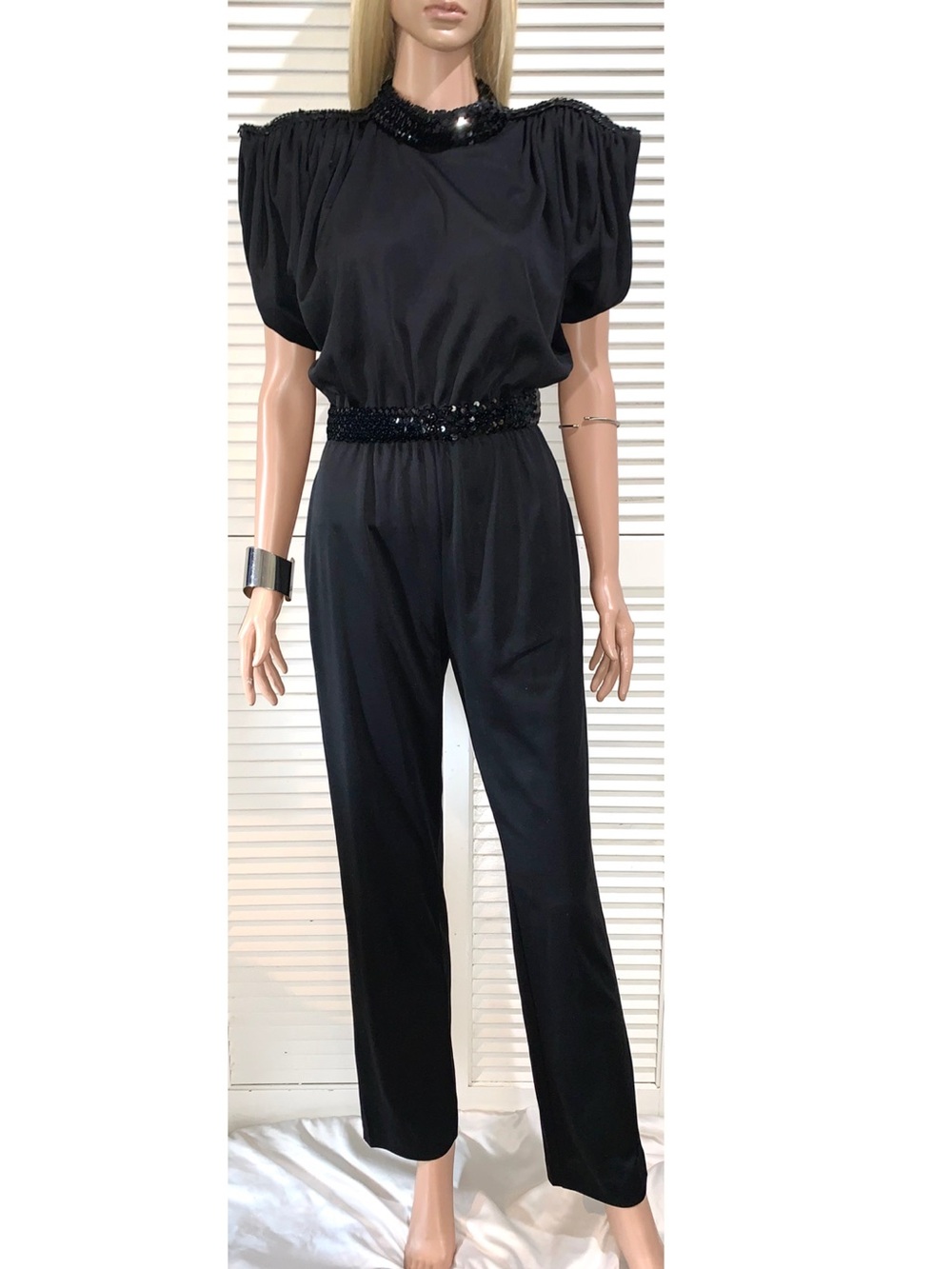 Vintage New Raves 80s Black Disco Jumpsuit Sequin Collar Belted Batwing Sleeve